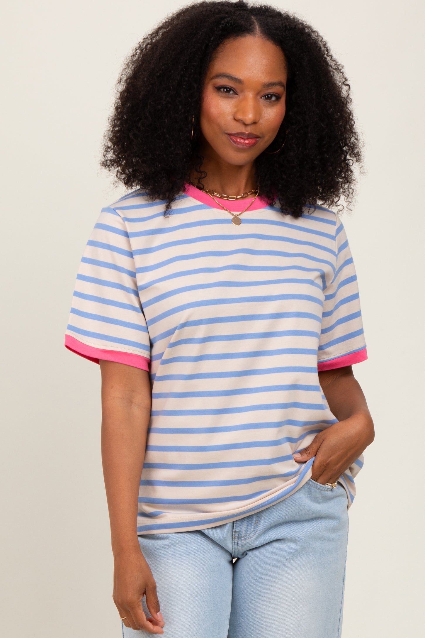 Blue Striped Contrast Trim Short Sleeve Maternity Tee