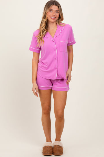 Mauve Short Sleeve Button Down Shirt Shorts Set
