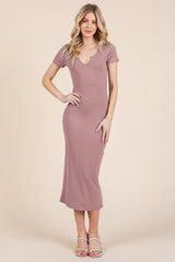 Mauve Short Sleeve Side Button Ribbed Midi Dress