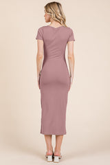 Mauve Short Sleeve Side Button Ribbed Midi Dress