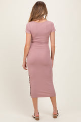 Mauve Short Sleeve Side Button Ribbed Maternity Midi Dress