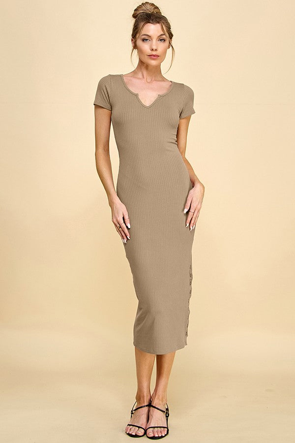 Camel Short Sleeve Side Button Ribbed Midi Dress