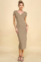 Camel Short Sleeve Side Button Ribbed Midi Dress