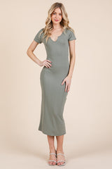 Olive Short Sleeve Side Button Ribbed Maternity Midi Dress