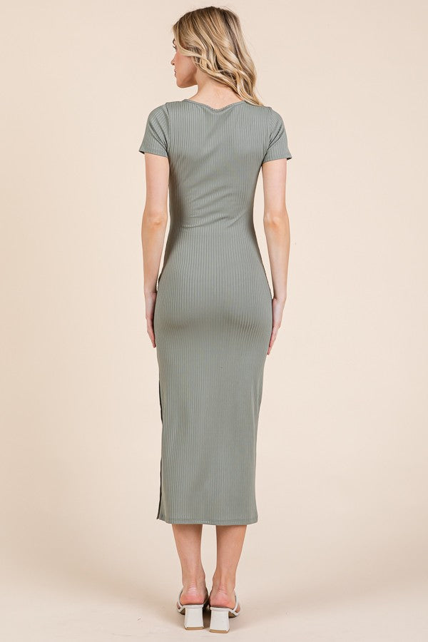 Olive Short Sleeve Side Button Ribbed Midi Dress