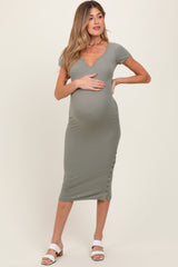 Olive Short Sleeve Side Button Ribbed Maternity Midi Dress