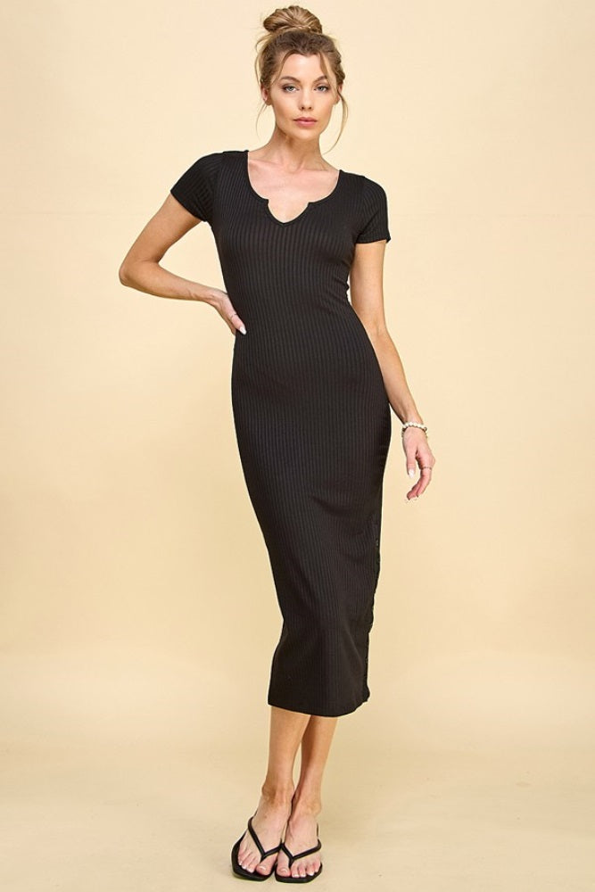 Black Short Sleeve Side Button Ribbed Maternity Midi Dress