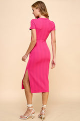 Fuchsia Crew Neck Bubble Knit Ribbed Maternity Midi Dress