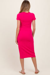 Fuchsia Crew Neck Bubble Knit Ribbed Maternity Midi Dress