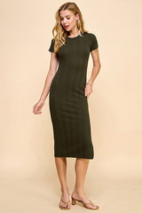Olive Crew Neck Bubble Knit Ribbed Maternity Midi Dress
