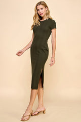 Olive Crew Neck Bubble Knit Ribbed Maternity Midi Dress