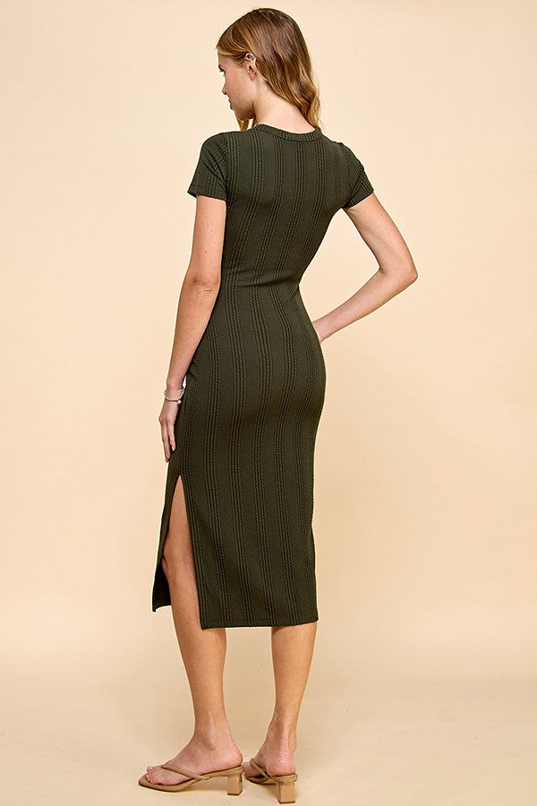 Olive Crew Neck Bubble Knit Ribbed Maternity Midi Dress