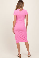 Pink Crew Neck Bubble Knit Ribbed Maternity Midi Dress