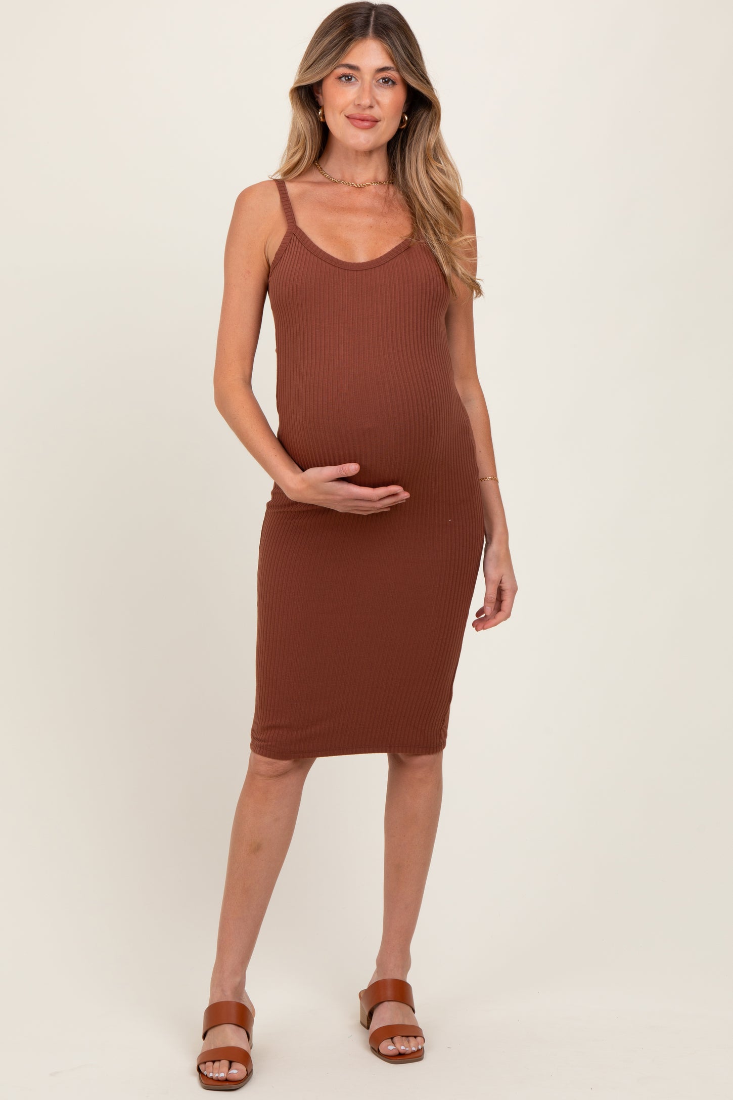 Brown Double Layer Heavy Ribbed Sleeveless Maternity Dress