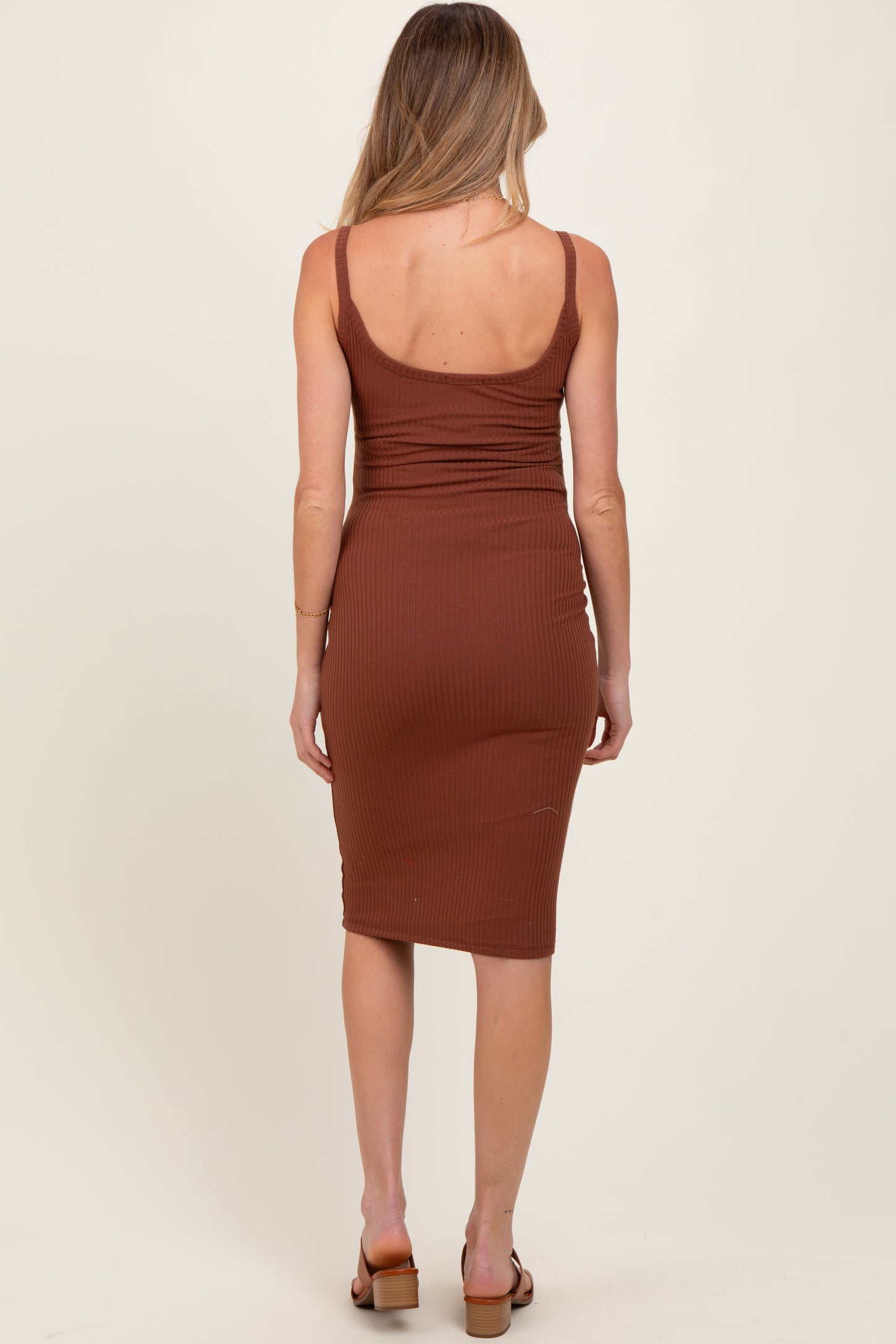 Brown Double Layer Heavy Ribbed Sleeveless Maternity Dress