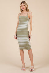 Light Olive Striped Sleeveless Double Layered Maternity Midi Dress