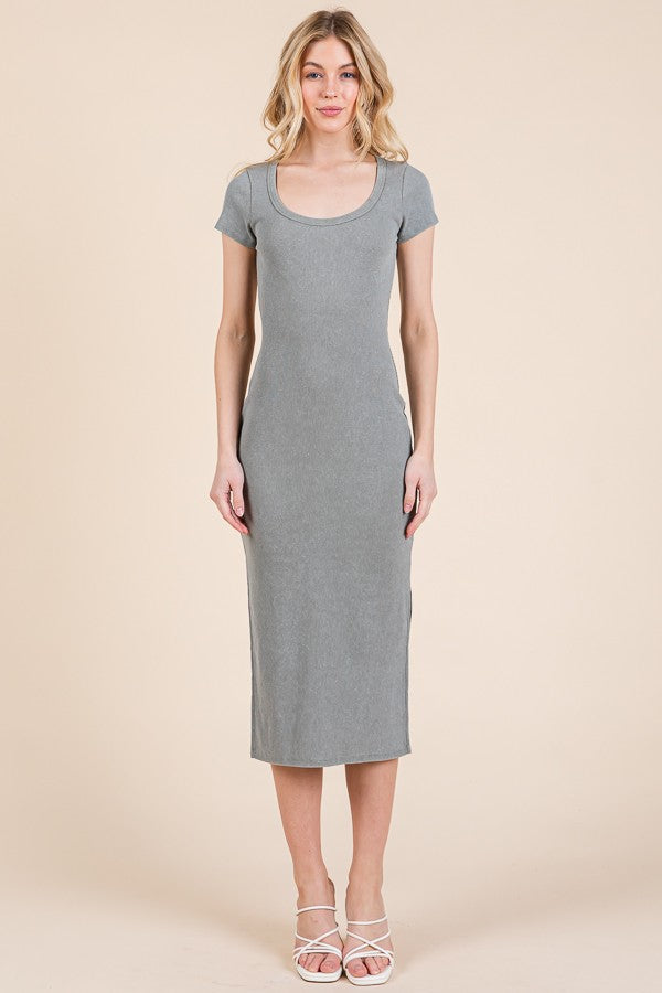 Light Olive Scoop Neck Short Sleeve Mineral Wash Midi Dress