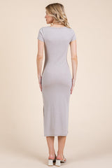 Taupe Scoop Neck Short Sleeve Mineral Wash Midi Dress