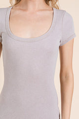 Taupe Scoop Neck Short Sleeve Mineral Wash Midi Dress