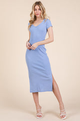 Light Blue V Neck Mineral Wash Side Slit Midi Dress