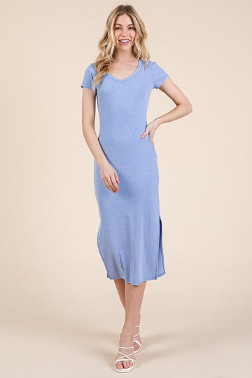 Light Blue V Neck Mineral Wash Side Slit Midi Dress