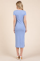 Light Blue V Neck Mineral Wash Side Slit Midi Dress