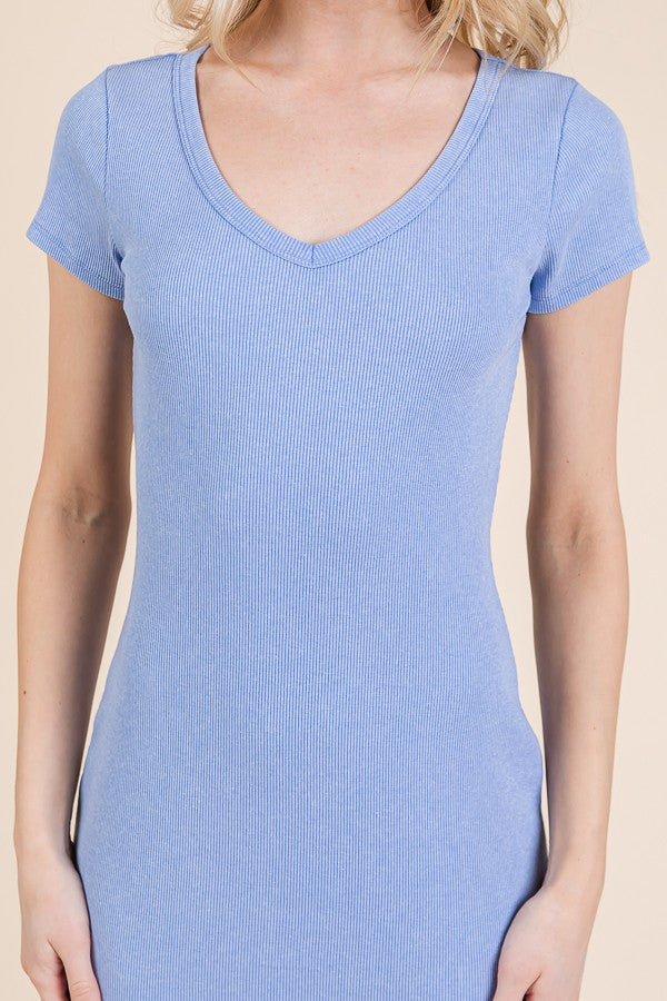 Light Blue V Neck Mineral Wash Side Slit Midi Dress