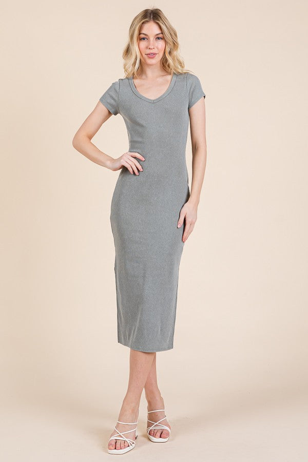 Light Olive V Neck Mineral Wash Side Slit Midi Dress