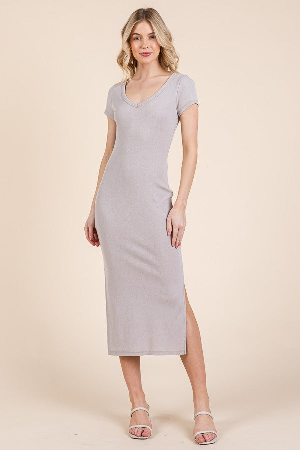 Taupe V Neck Mineral Wash Side Slit Midi Dress