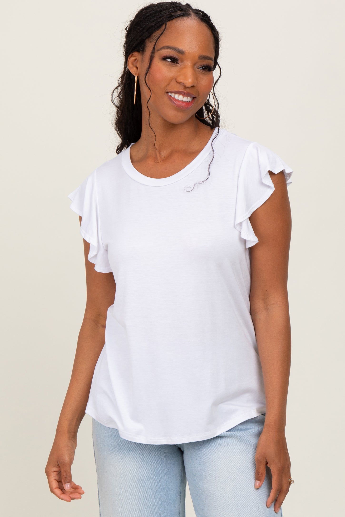 White Basic Short Flutter Sleeve Maternity Tee