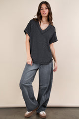 Charcoal Ribbed Raw Hem Short Sleeve Top