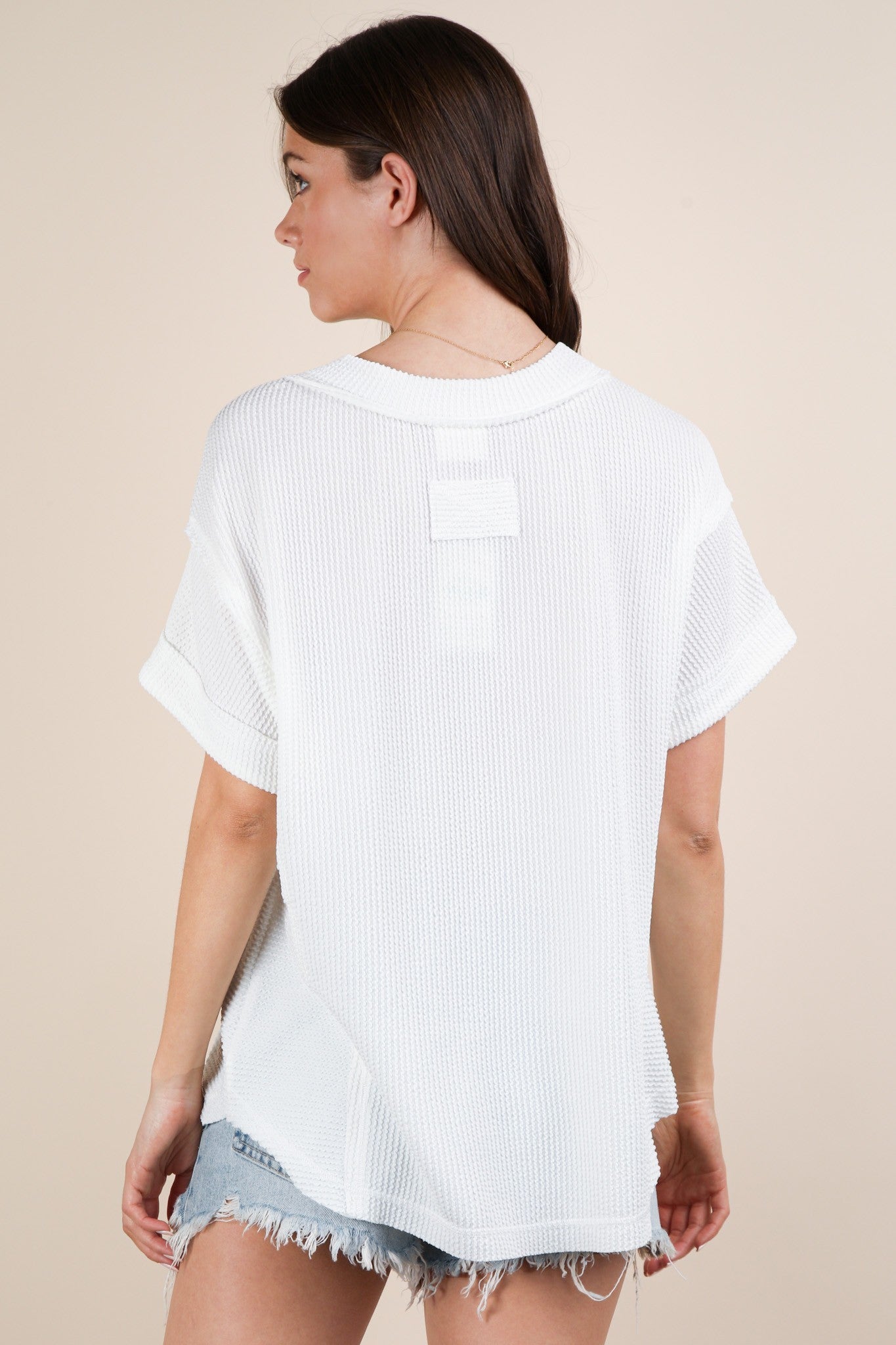 White Ribbed Raw Hem Short Sleeve Top
