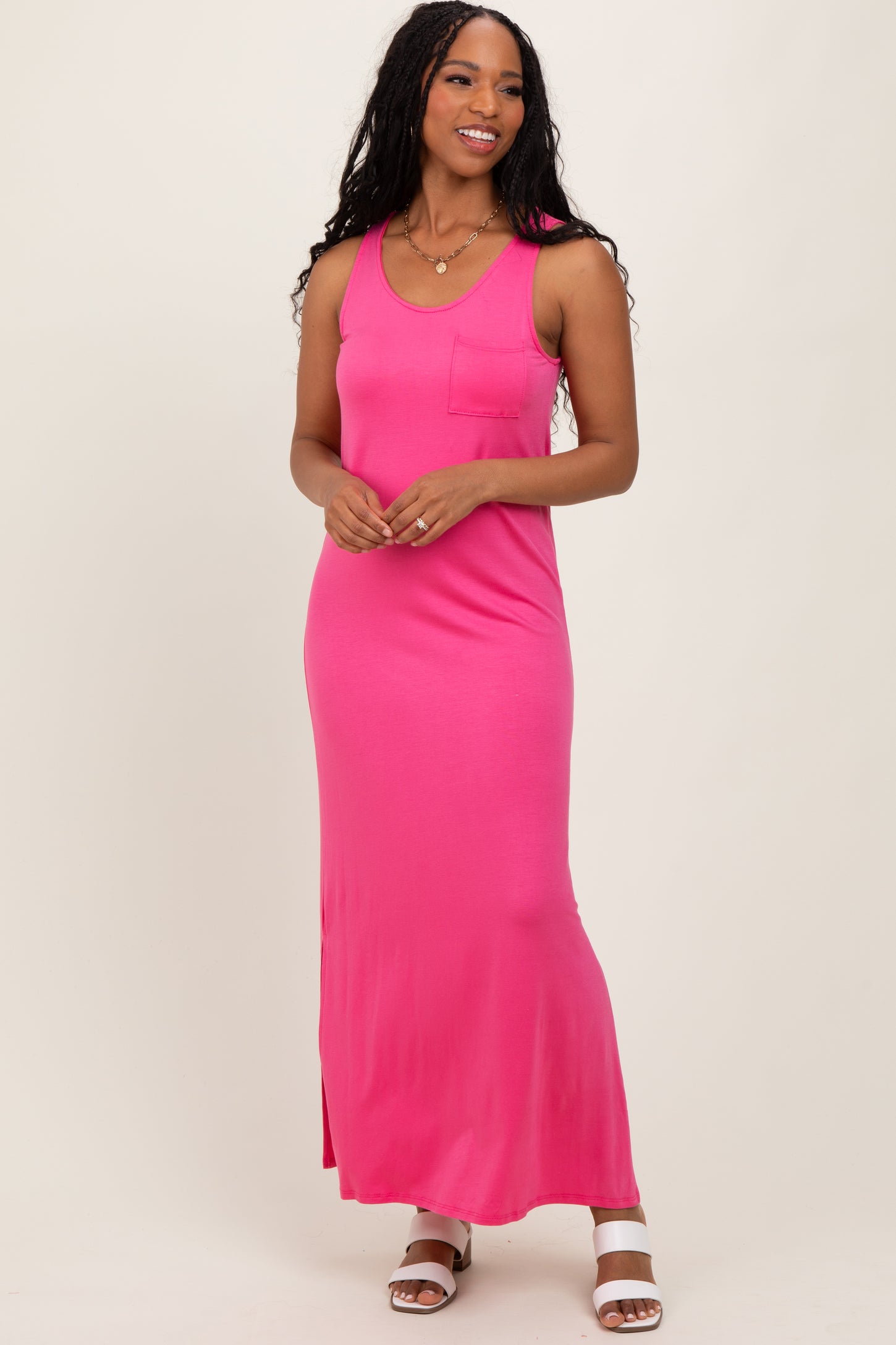 Fuchsia Basic Pocket Sleeveless Maxi Dress
