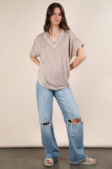 Beige Ribbed Raw Hem Short Sleeve Top