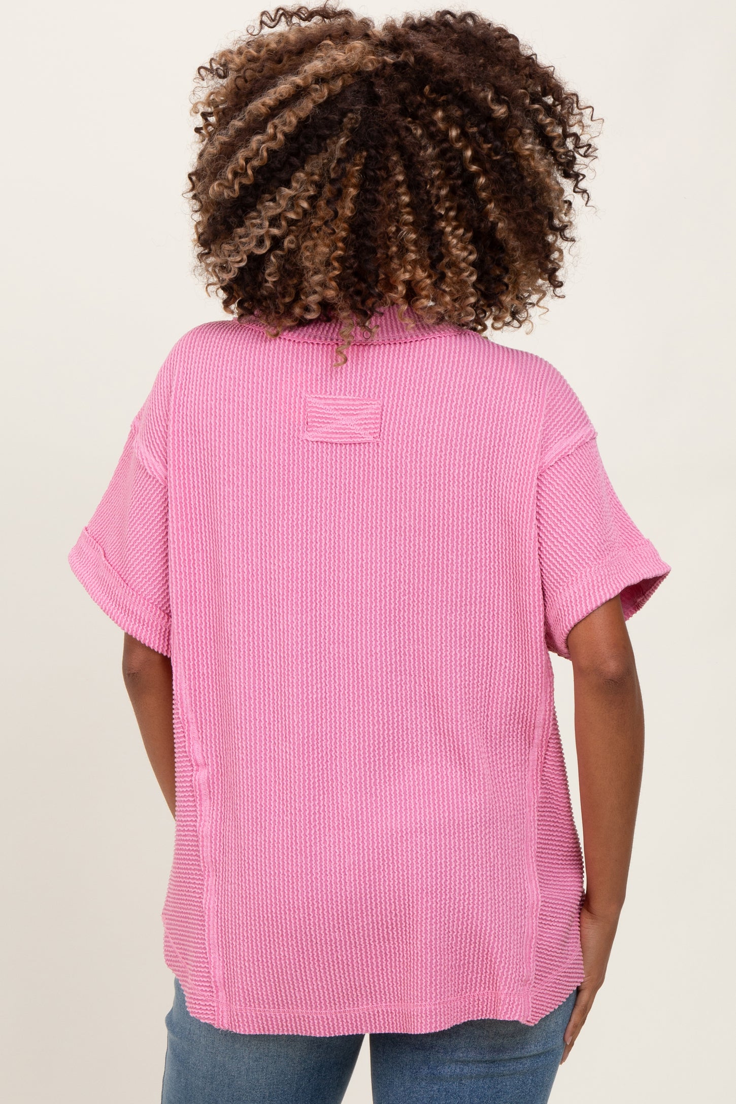 Pink Ribbed Raw Hem Maternity Short Sleeve Top