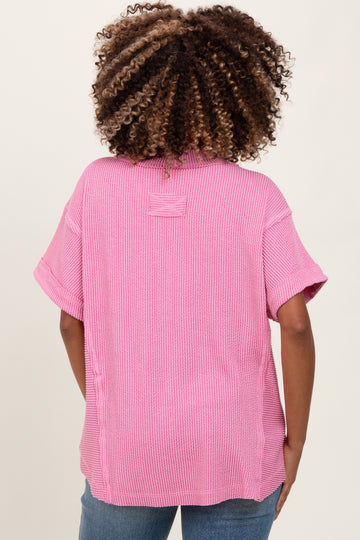 Pink Ribbed Raw Hem Maternity Short Sleeve Top