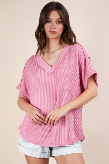 Pink Ribbed Raw Hem Short Sleeve Top