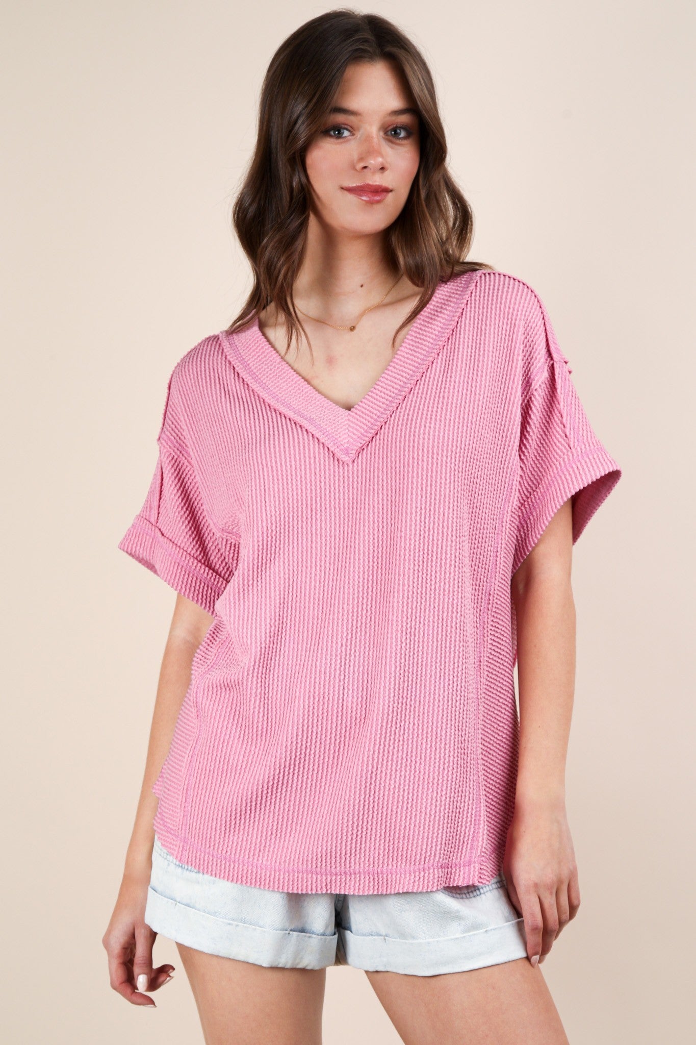 Pink Ribbed Raw Hem Short Sleeve Top