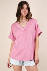 Pink Ribbed Raw Hem Short Sleeve Top