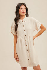 Beige Dolman Sleeve Linen Maternity Shirt Dress