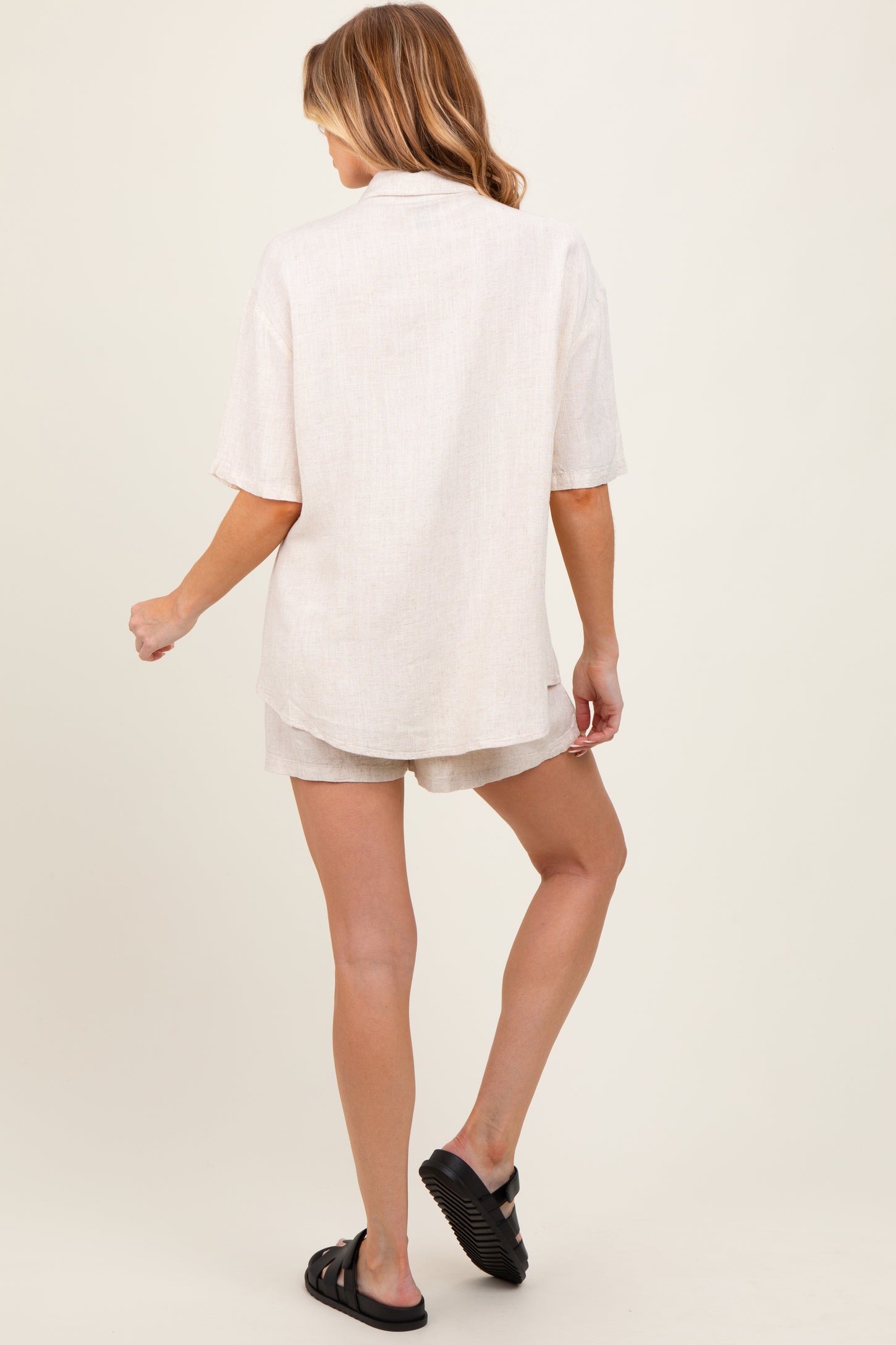 Beige Linen Blend Short Sleeve Shirt Shorts Maternity Set
