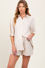 Beige Linen Blend Short Sleeve Shirt Shorts Maternity Set