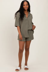 Olive Linen Blend Short Sleeve Shirt Shorts Set