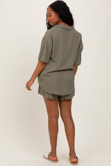 Olive Linen Blend Short Sleeve Shirt Shorts Set