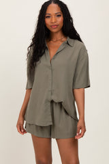 Olive Linen Blend Short Sleeve Shirt Shorts Set