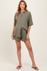 Olive Linen Blend Short Sleeve Shirt Shorts Maternity Set