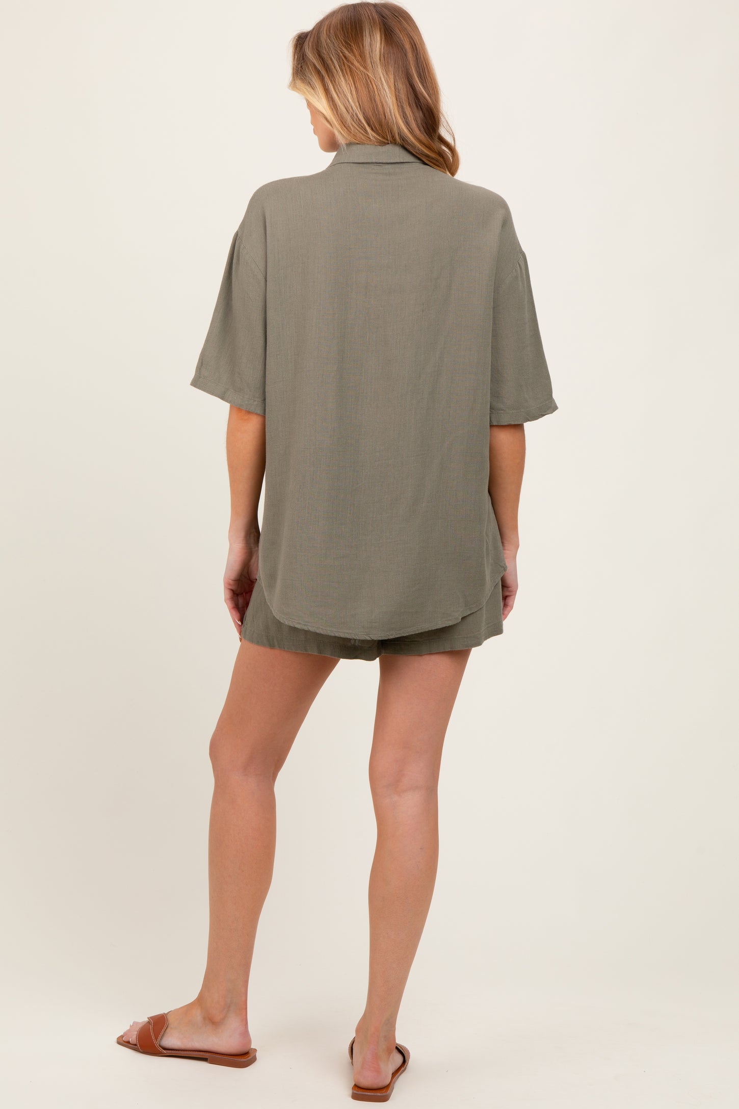 Olive Linen Blend Short Sleeve Shirt Shorts Maternity Set
