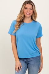 Blue Basic Round Neck Short Sleeve Maternity T-Shirt