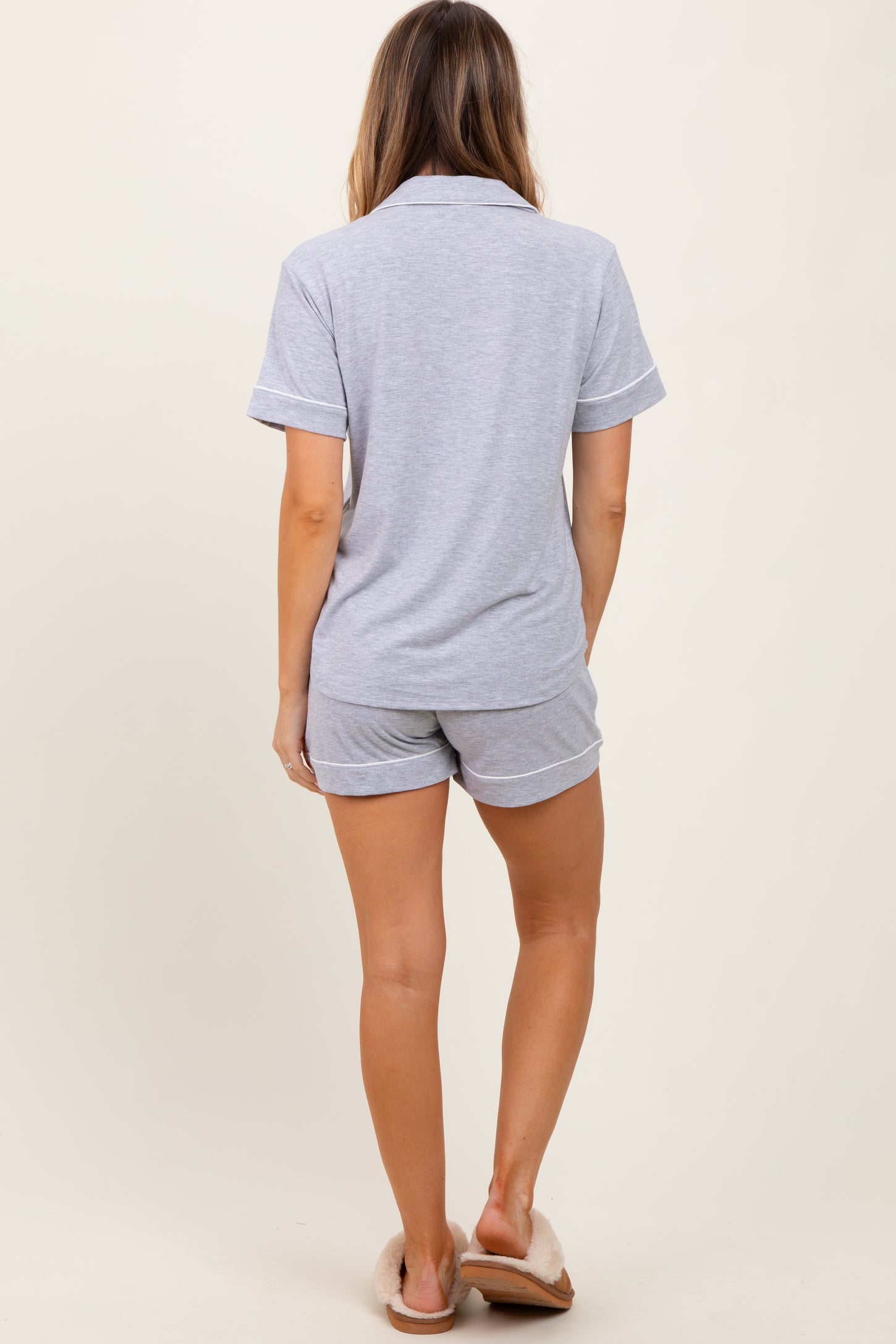 Heather Grey Short Sleeve Button Down Shirt Shorts Set