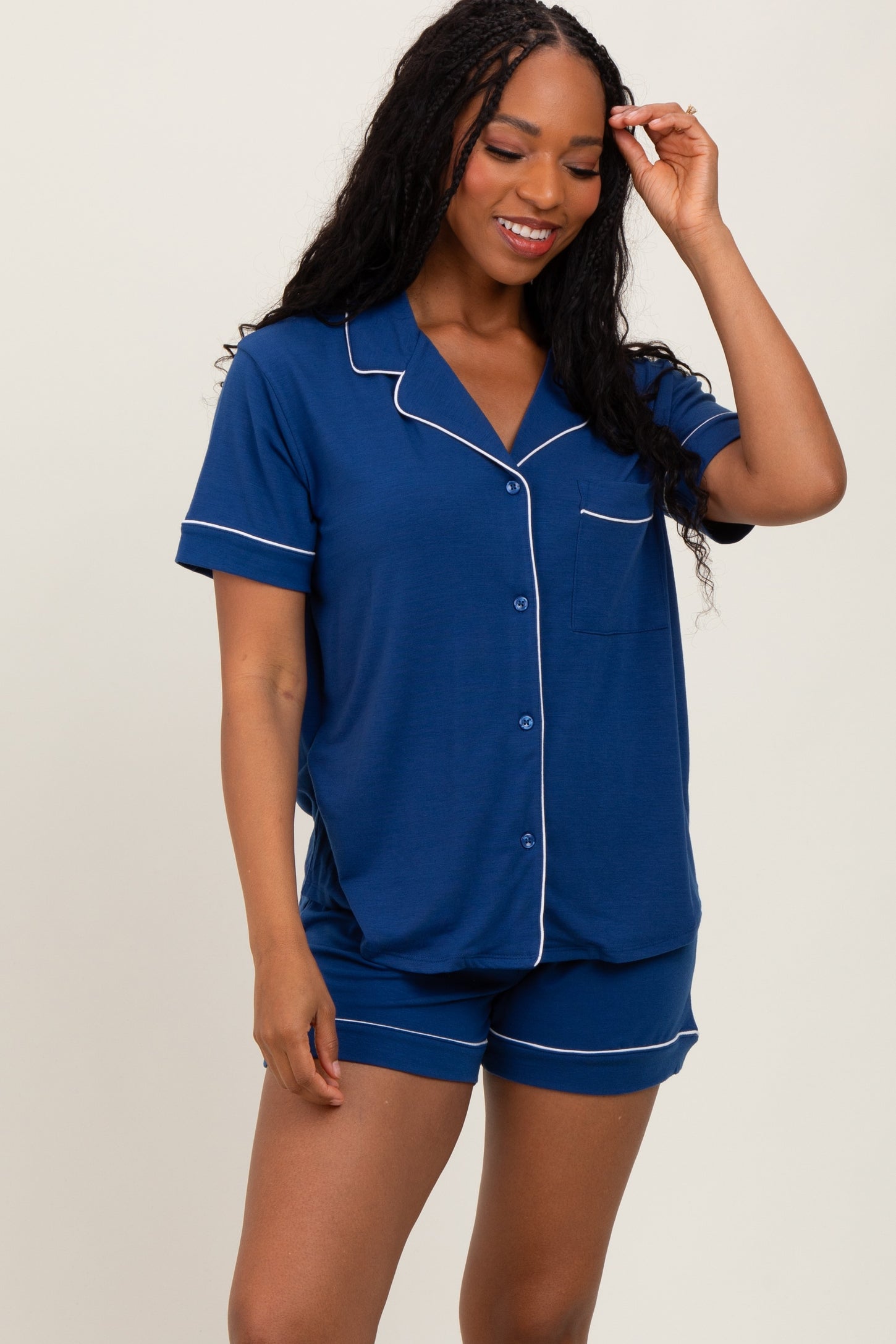 Light Navy Short Sleeve Button Down Shirt Shorts Set